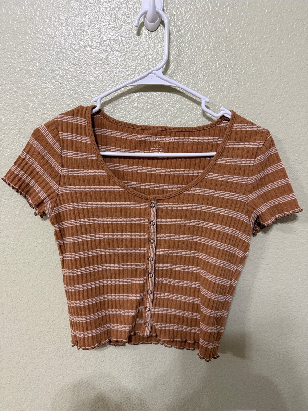 American Eagle Outfitters Rust & White Striped Ribbed Button Crop Top